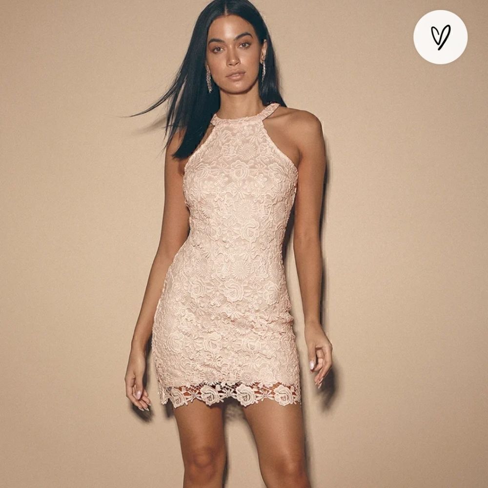NWOT Lulus Love Poem Blush Pink Lace Crochet Look Mini Dress L
